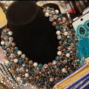 Statement Bib Necklace-Teal/Brown